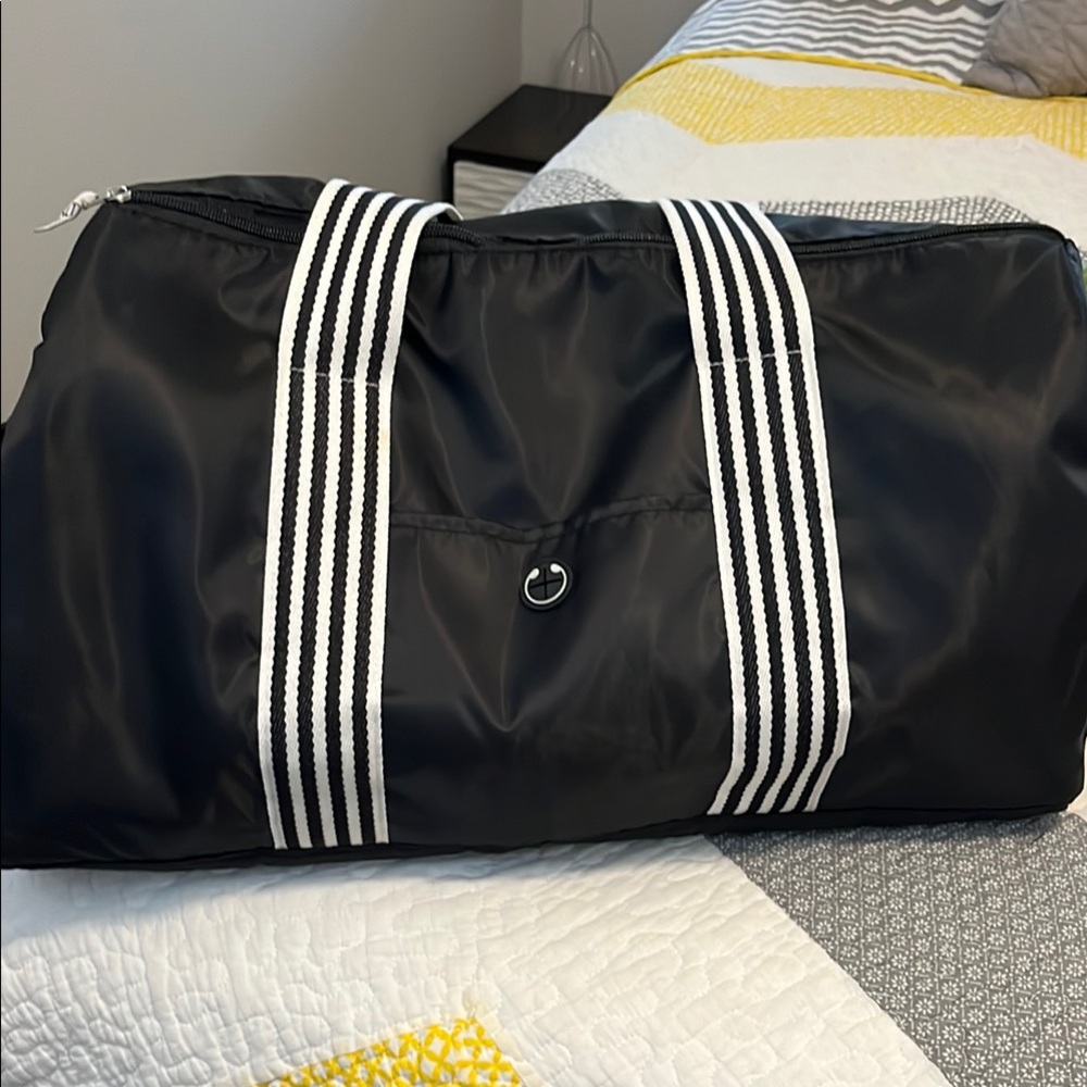 Black Duffel Bag with Striped Handles